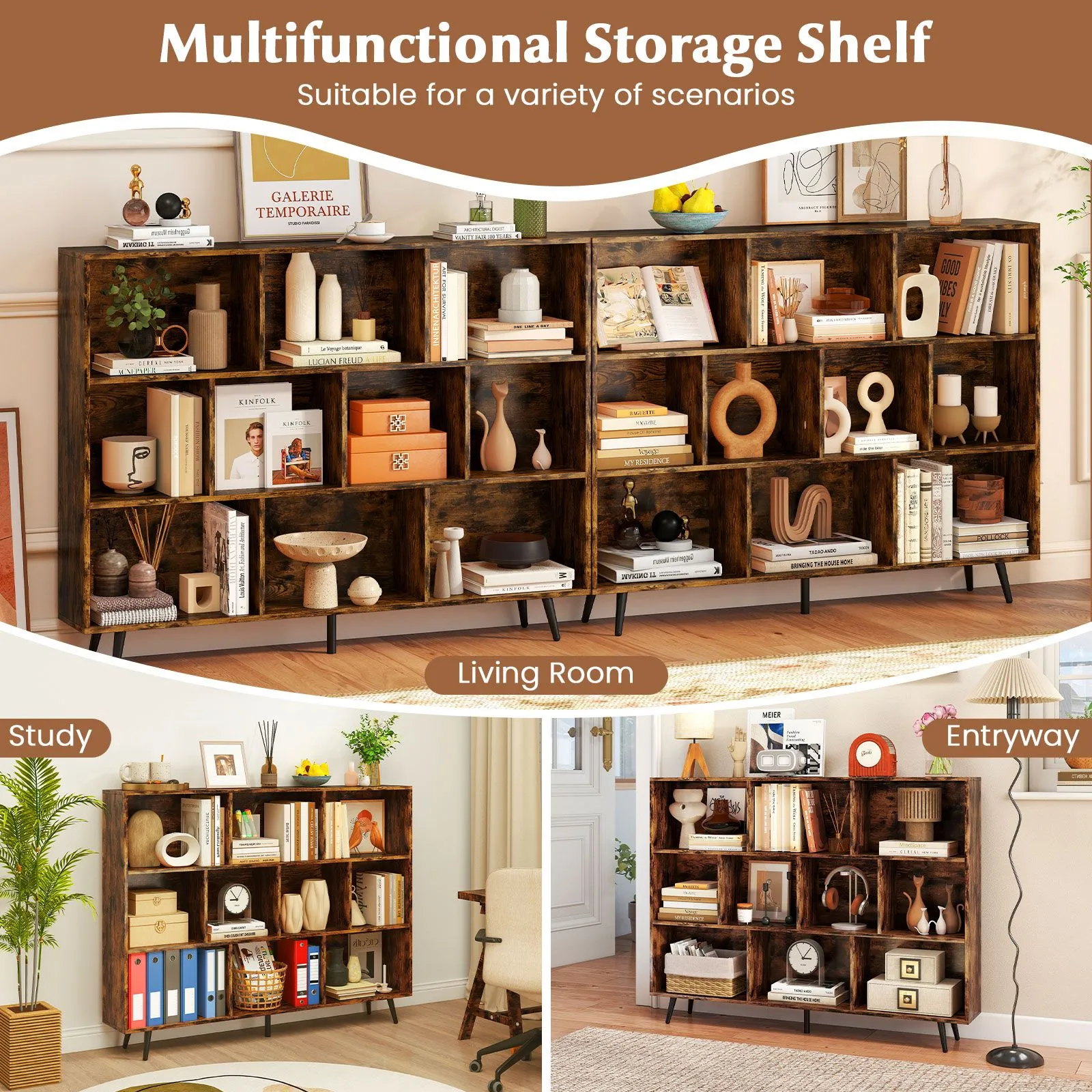 Costway 10-Cube Bookcase 140 CM Mid Century Modern Storage Organizer in Brown 6