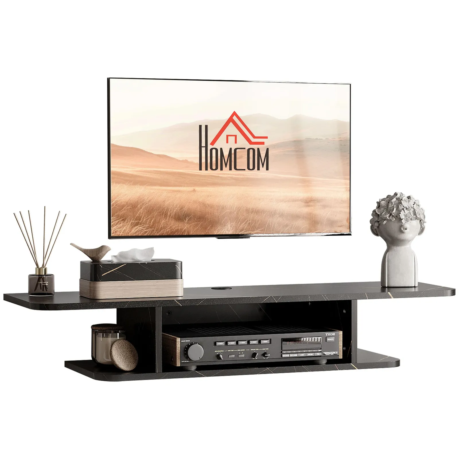 HOMCOM TV Unit Stand Wall Mount Media Console with Storage Shelf in Black 2