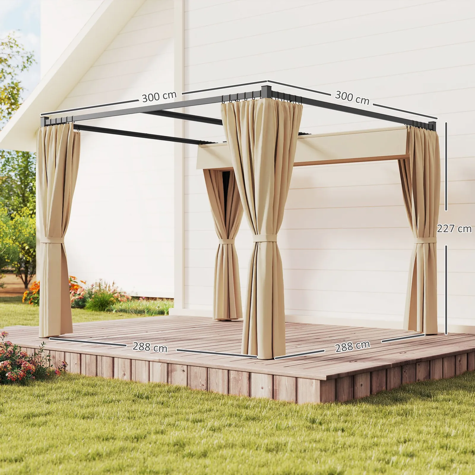 OUTSUNNY 3 x 3(m) Pergola with Retractable Roof & Curtains in Beige 3