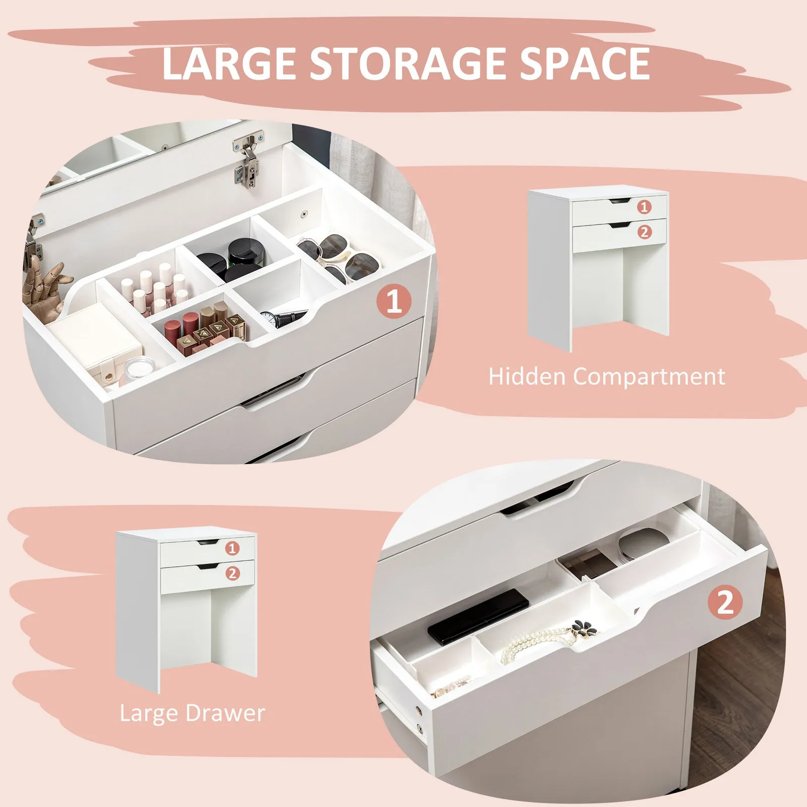 HOMCOM Dressing Table Set Flip up Mirror Stool Drawer & Compartments in White 6