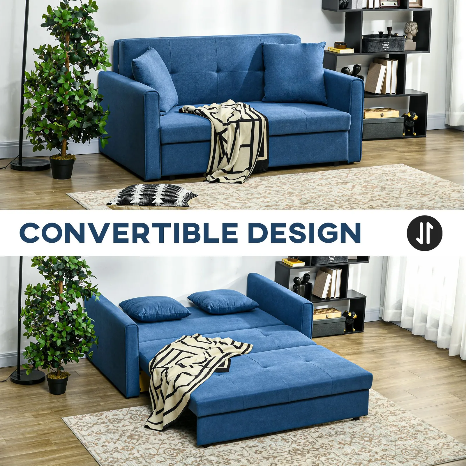 HOMCOM Convertible 2 Seater Sofa Bed with 2 Cushions Storage for Living Room in Dark Blue 4