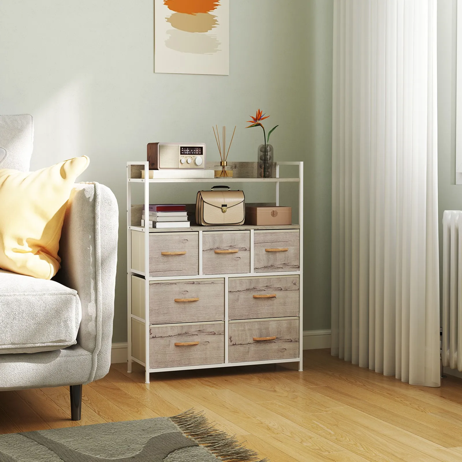 HOMCOM Bedroom Chest of Drawers 7 Drawer Dresser w/ Shelves in Natural