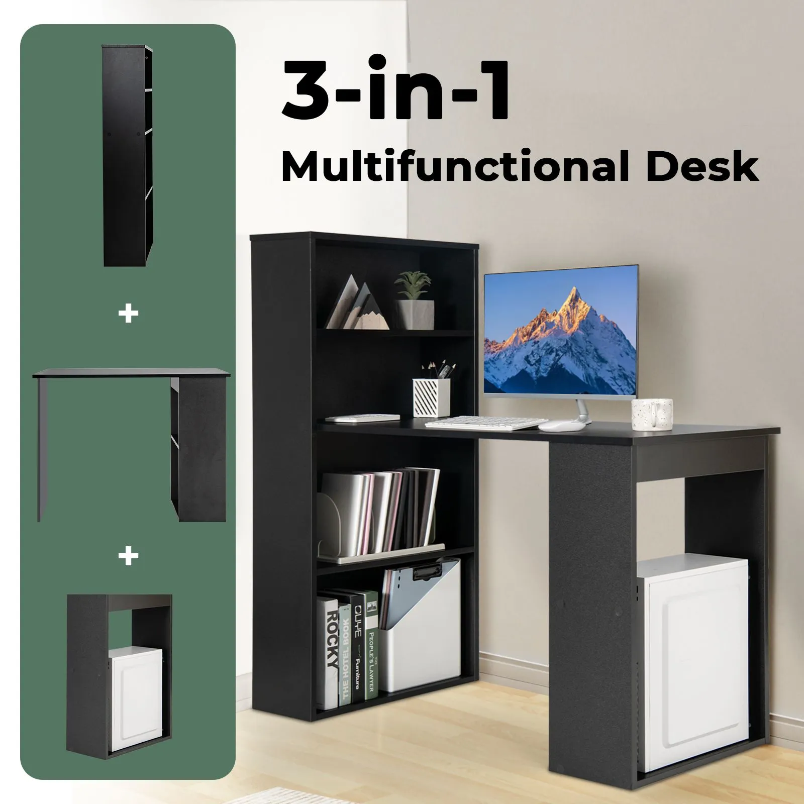 Costway Desk Wooden PC Laptop Table Writing Workstation 6-Tier Storage Shelves in Black 5