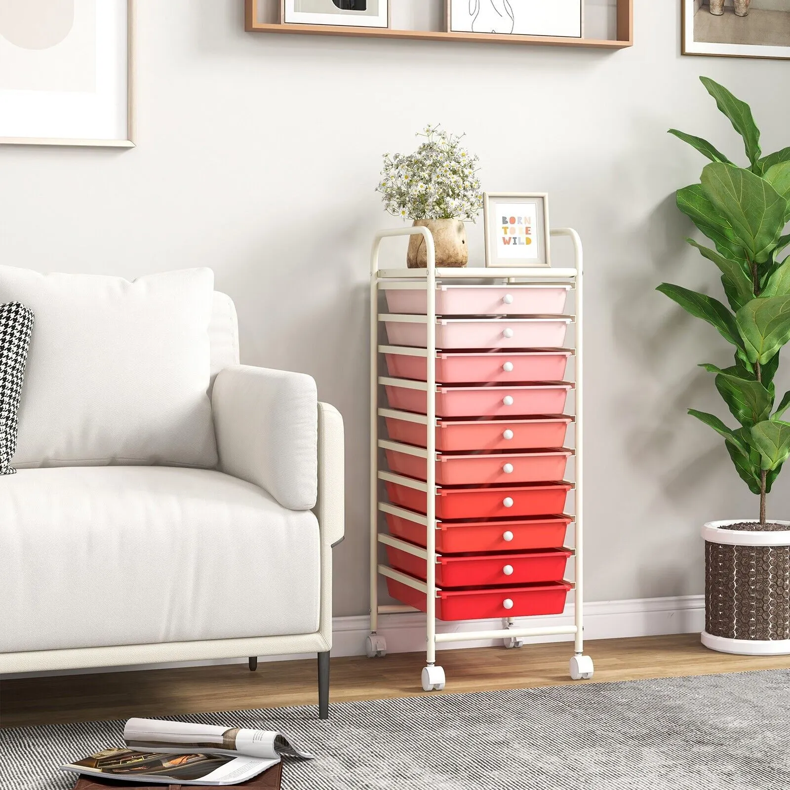 Costway 10 Drawers Storage Trolley Mobile Rolling Utility Cart Home Office Organizer in Pink 5
