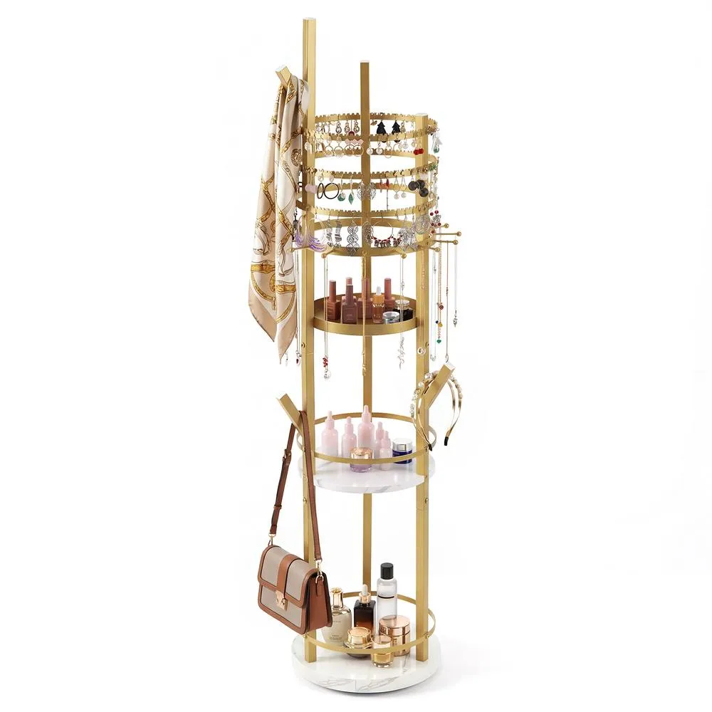 Costway Rotating Jewelry Stand Jewelry Display Tower w/Earring Necklace Holder in Gold 2