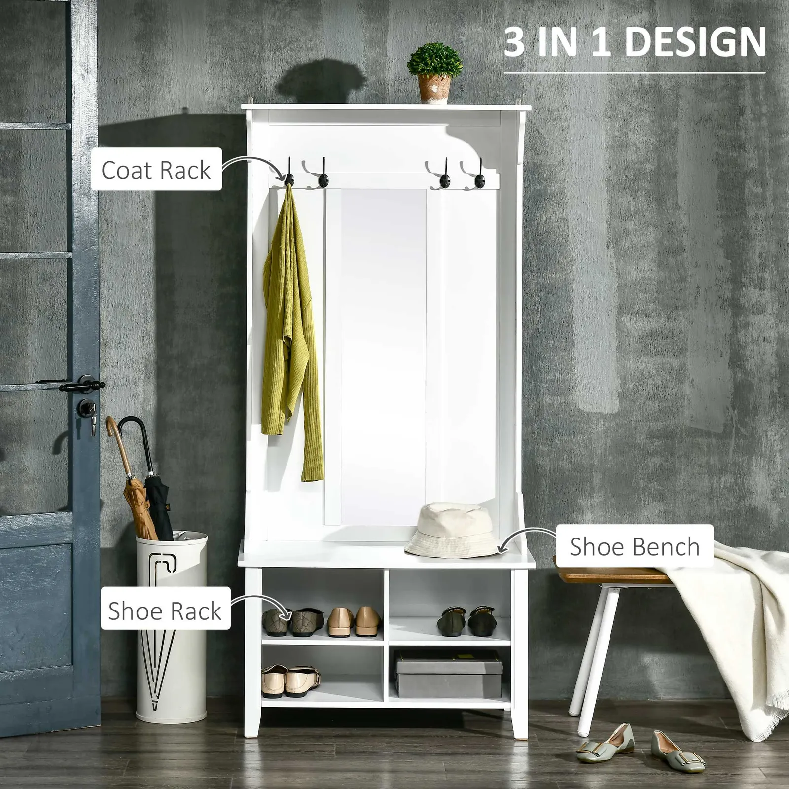 HOMCOM Hallway Furniture Set Shoe Bench Storage Mirror Cabinet Coat Rack in White 4