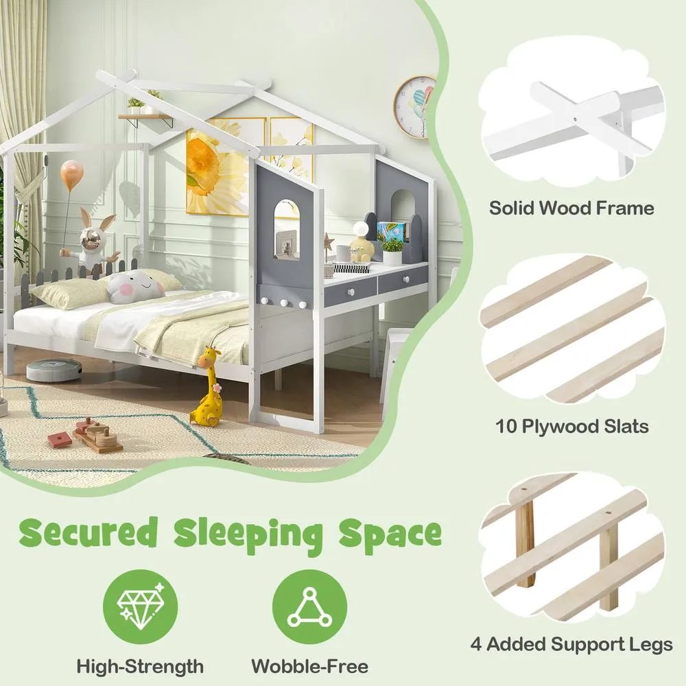 Costway Double House Bed Wood Montessori Bed Frame Playhouse Bed w/Desk in White 6