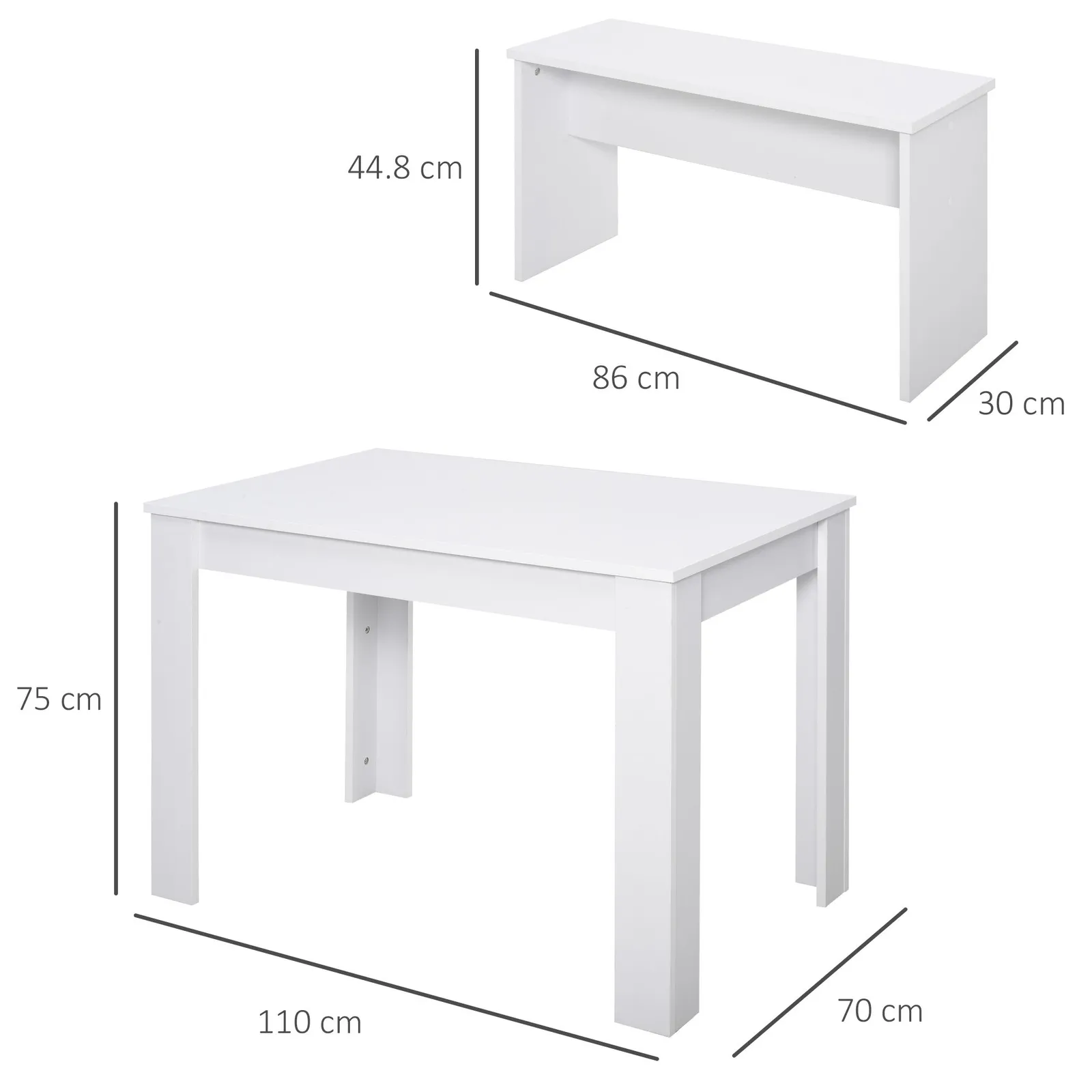 HOMCOM 3 Pcs Modern Dining Table Set Table 2 Bench Seats Compact in White 3