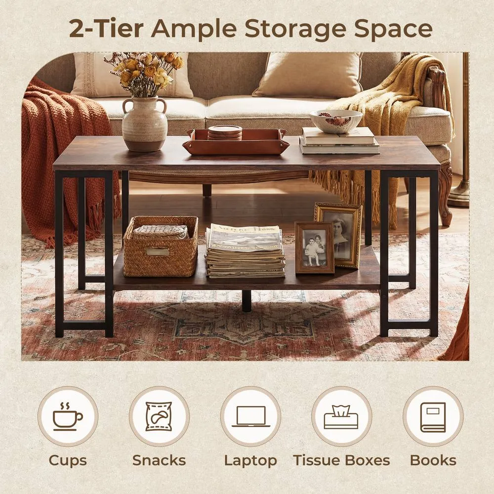 Costway 2-Tier Coffee Table Rectangular Cocktail Table Center Table w/ Shelf in Brown 4