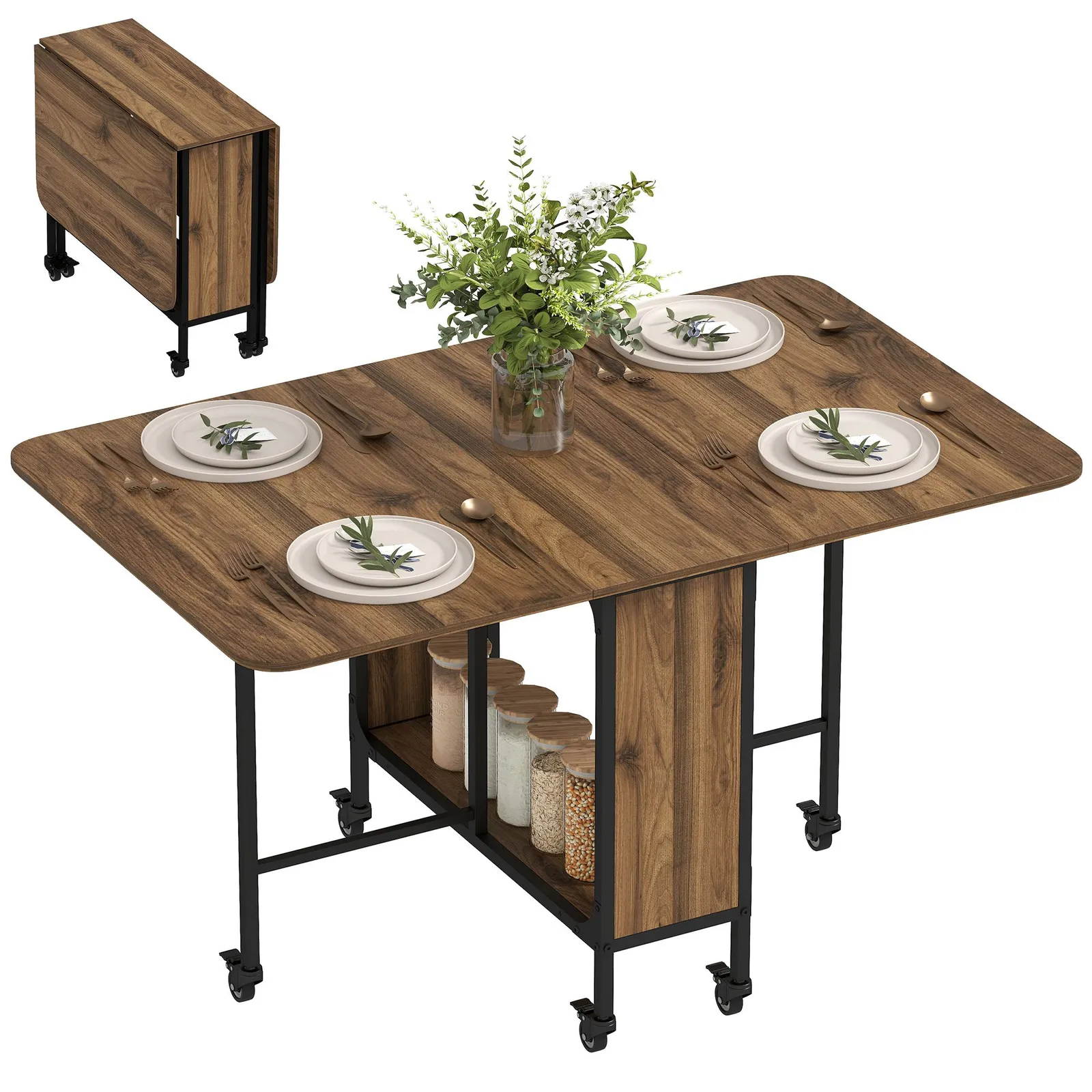 HOMCOM Mobile Drop Leaf Dining Table on Wheels with Shelf Brown in Light Brown 2