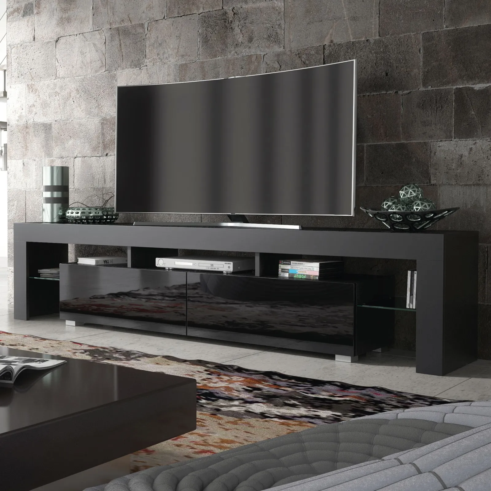 Creative Furniture TV Unit 200cm Modern - Black with High Gloss Doors 6