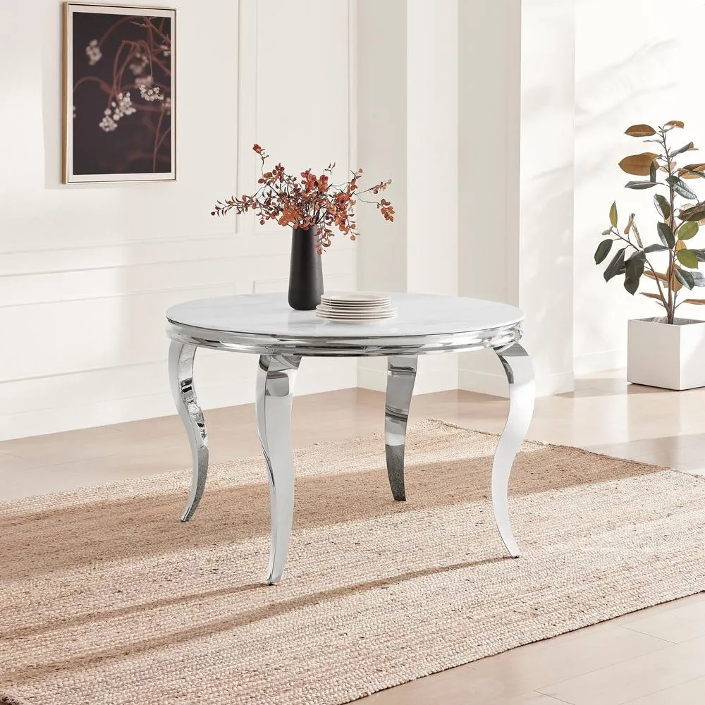 FurnitureboxUK Skye Round Marble Effect Dining Table & 6 Grey Belgravia Chairs 2