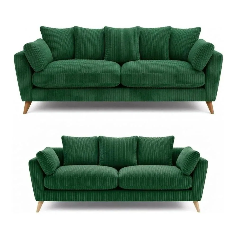 Bliss Furniture Harlow Jumbo Cord 3+2 Seater Sofa Set, Modern Tailored Design in Green