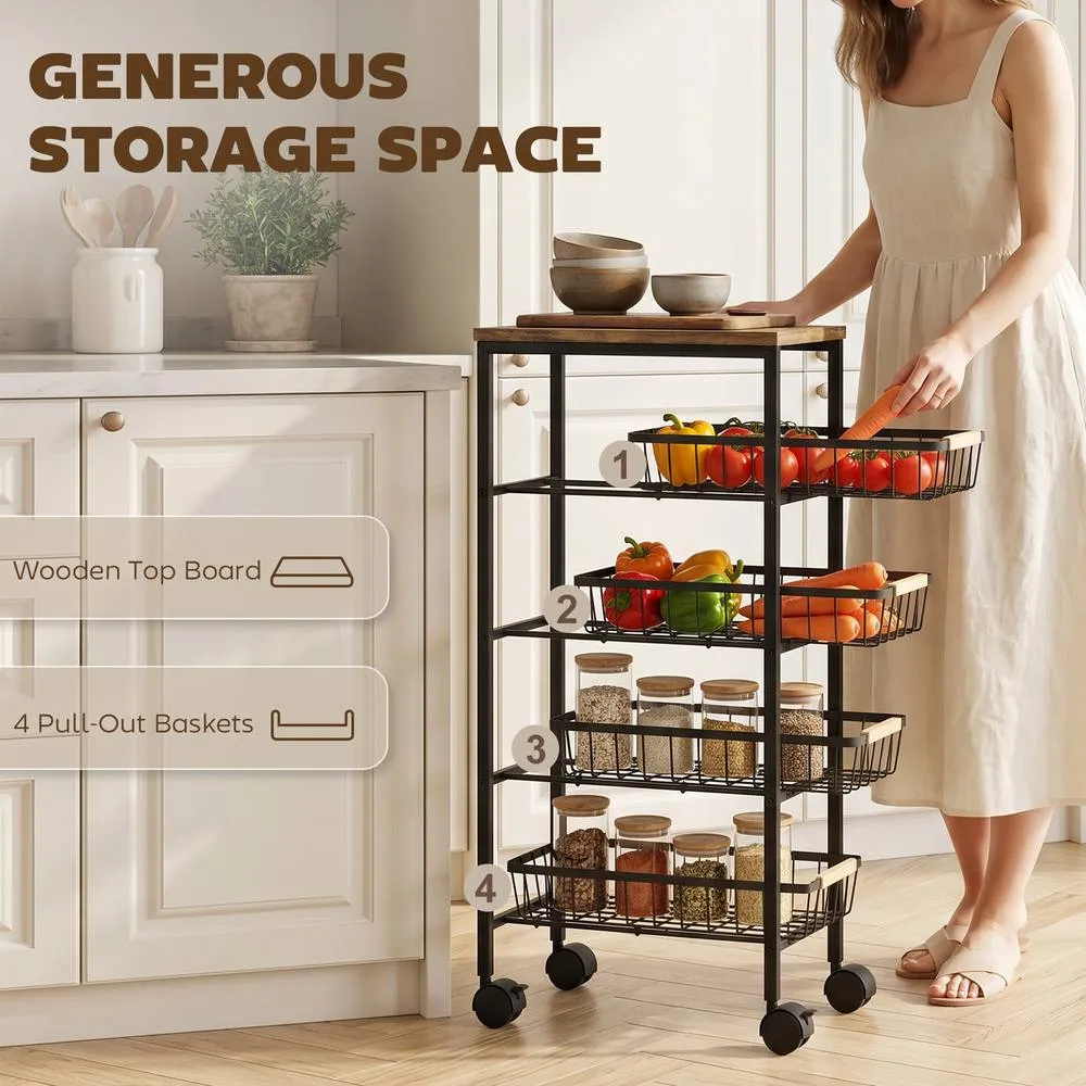 HOMCOM Metal Kitchen Trolley with Pull-Out Baskets, Rustic Brown 5