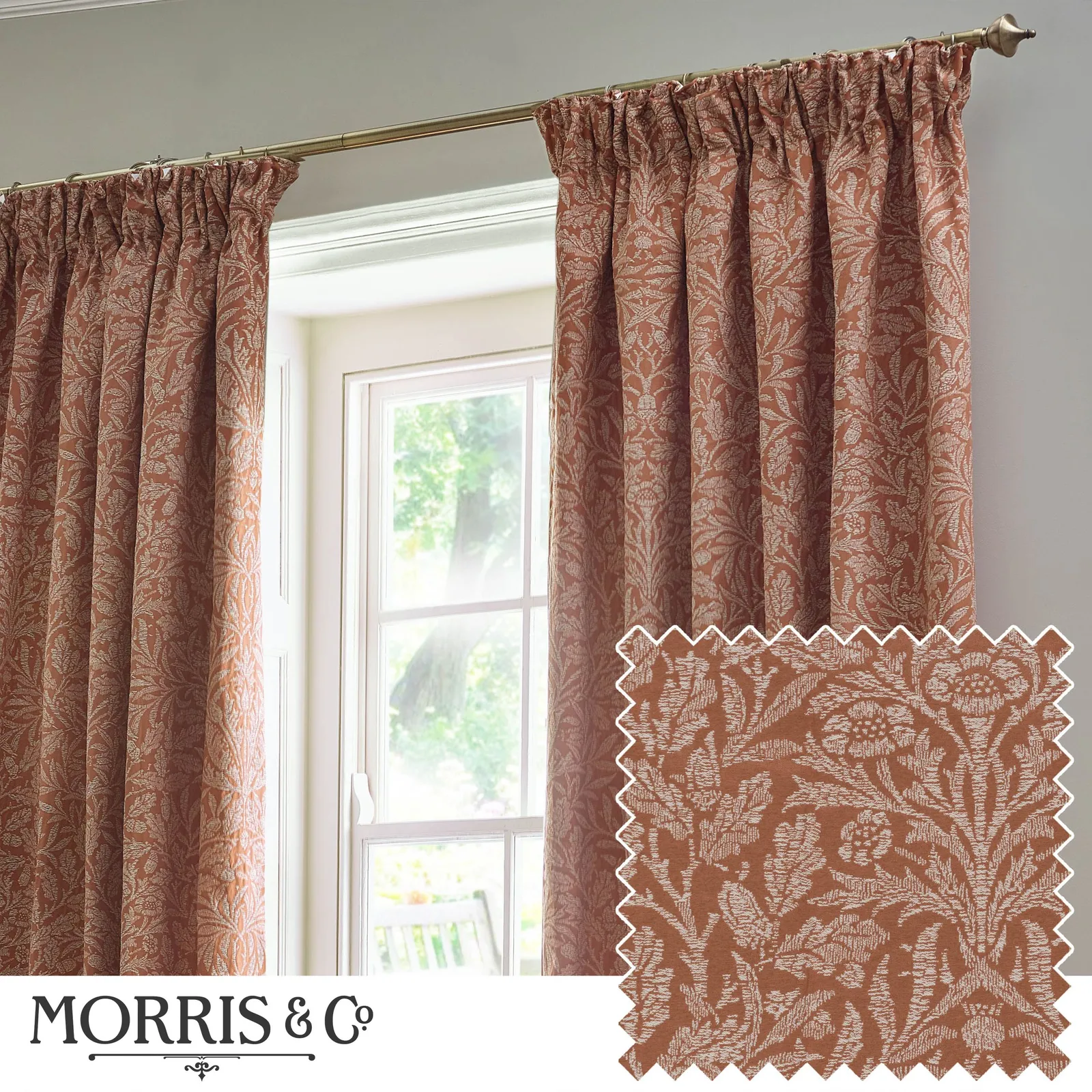 Morris & Co Acorn Tonal Fully Lined Matt Jacquard Pencil Pleat Curtains in Red