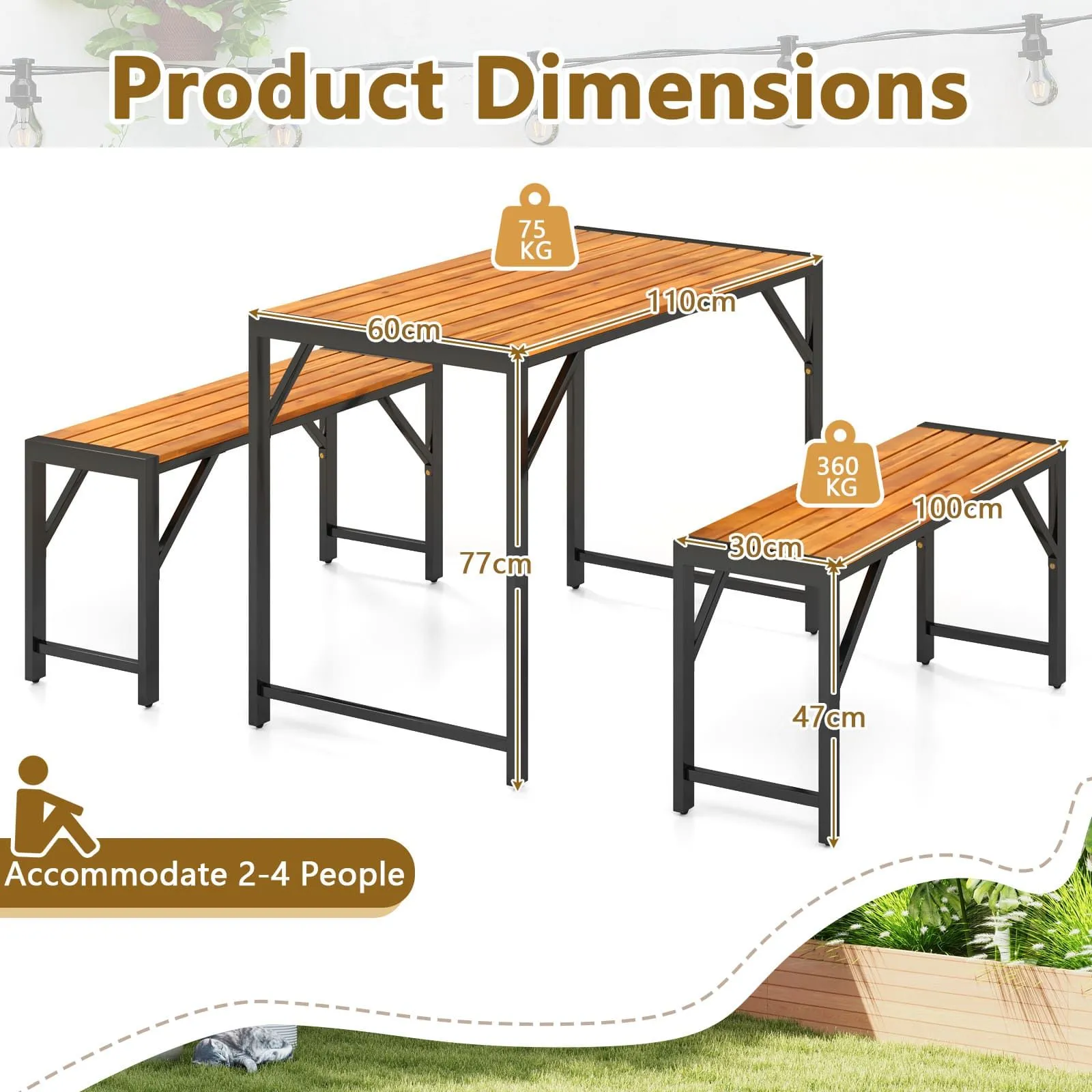 Costway 3-Pieces Patio Dining Set for 4 People Outdoor Picnic Table & 2 Benches in Natural 2