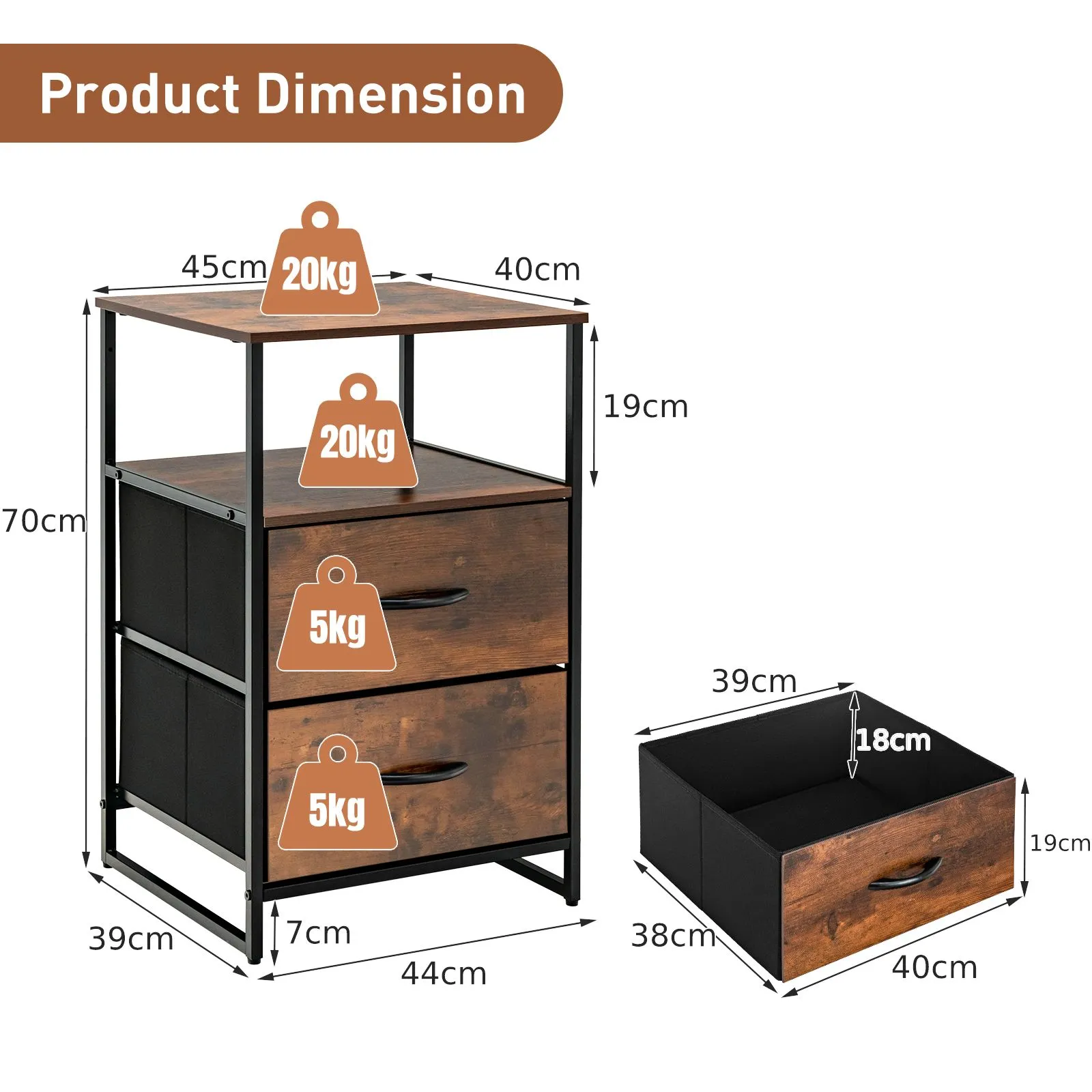 Costway Industrial 2-Drawer Storage Cabinet Dresser Organizer Removable Fabric Drawers in Brown 2