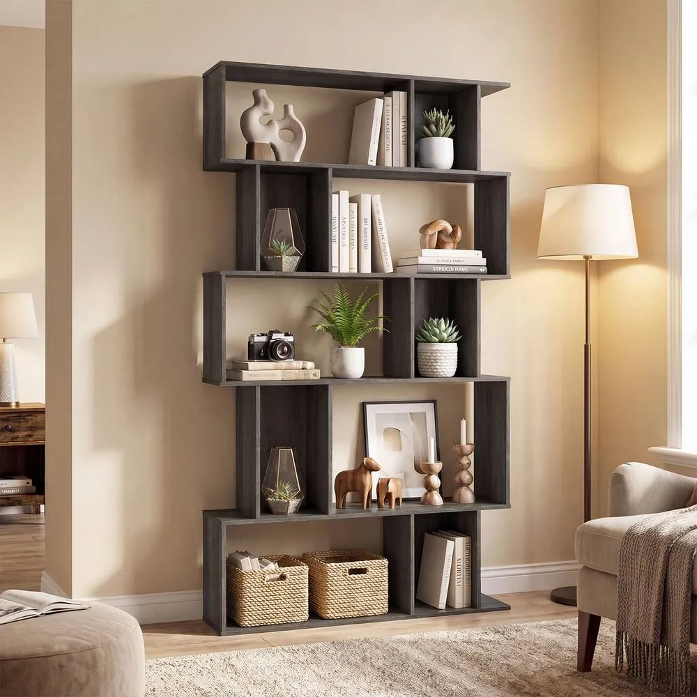 Costway Geometric Bookshelf 5-Tier Bookcase with Open Shelves in Brown 4