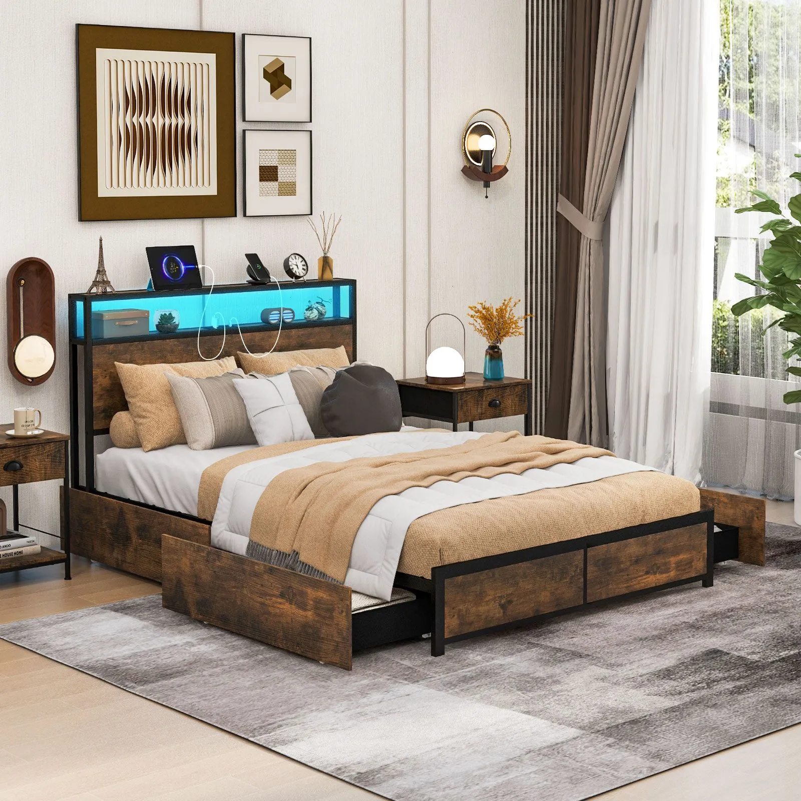 Costway Double Size Bed Frame Metal Bed Platform LED Light Headboard & 4 Storage Drawers in Brown