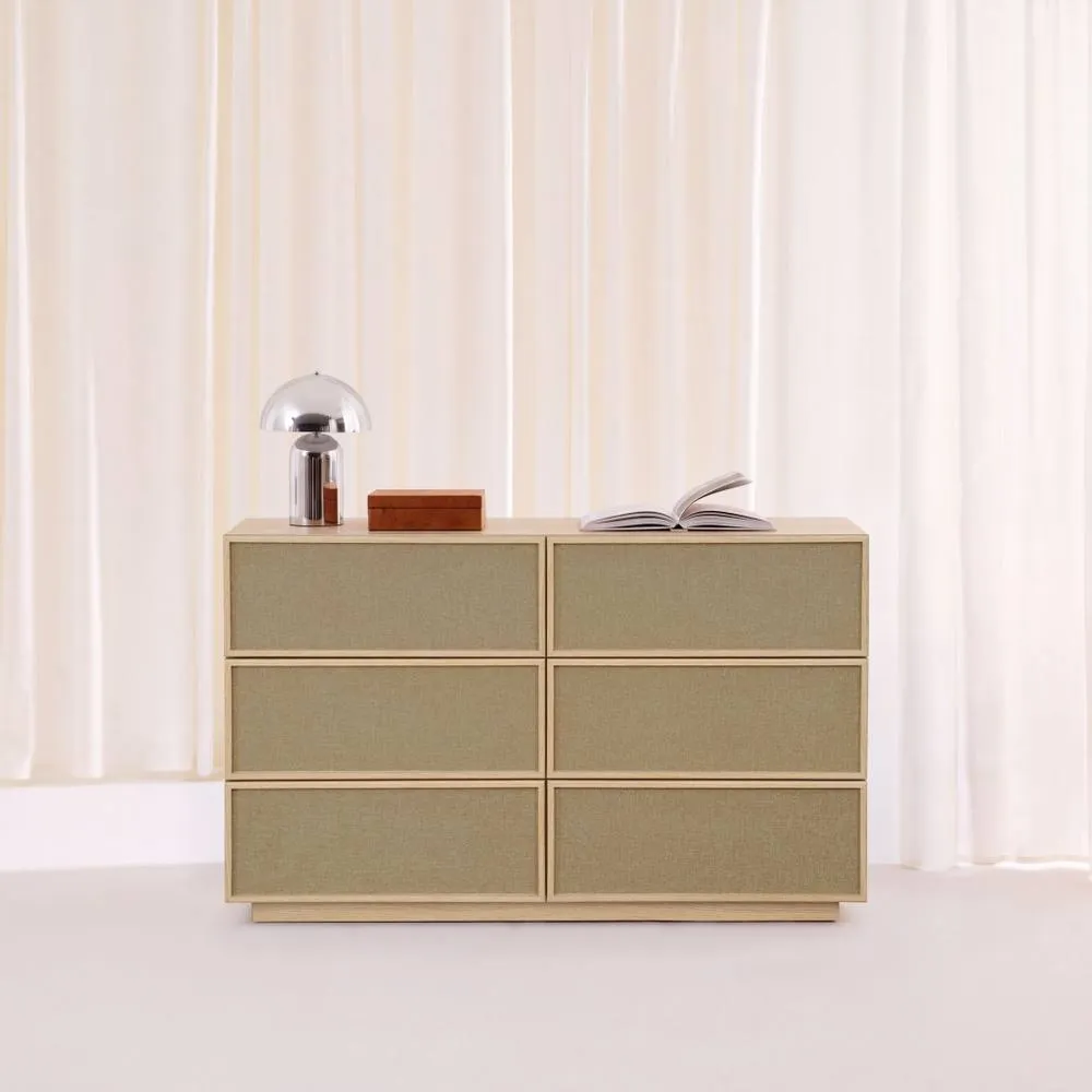 sweeek Chest of 6 drawers with wood decor & fabric in Beige 1