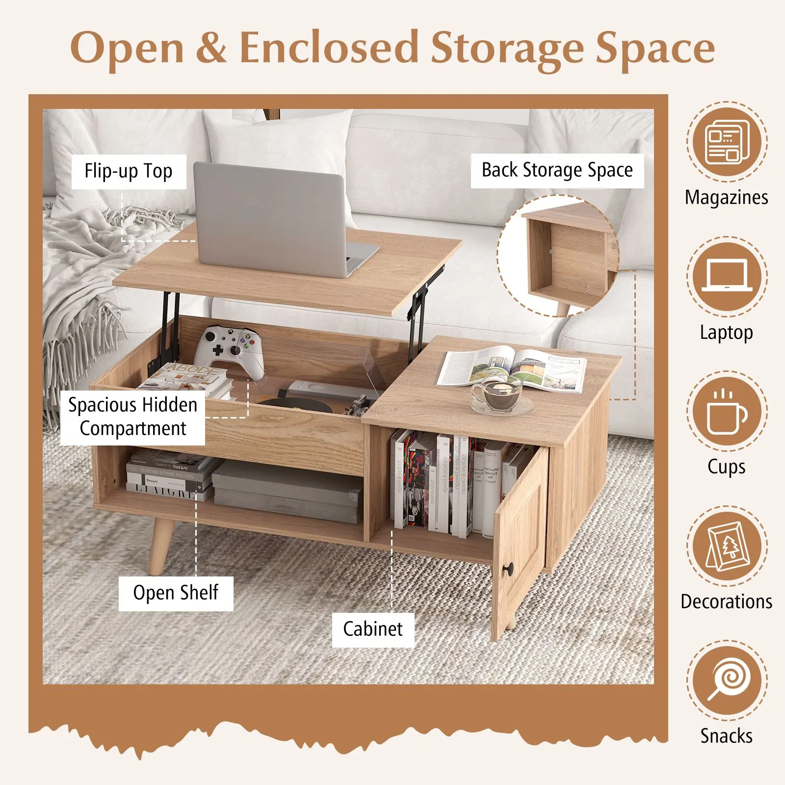 Costway Lift Top Coffee Table Pull up Coffee Table with Storage in Natural 6