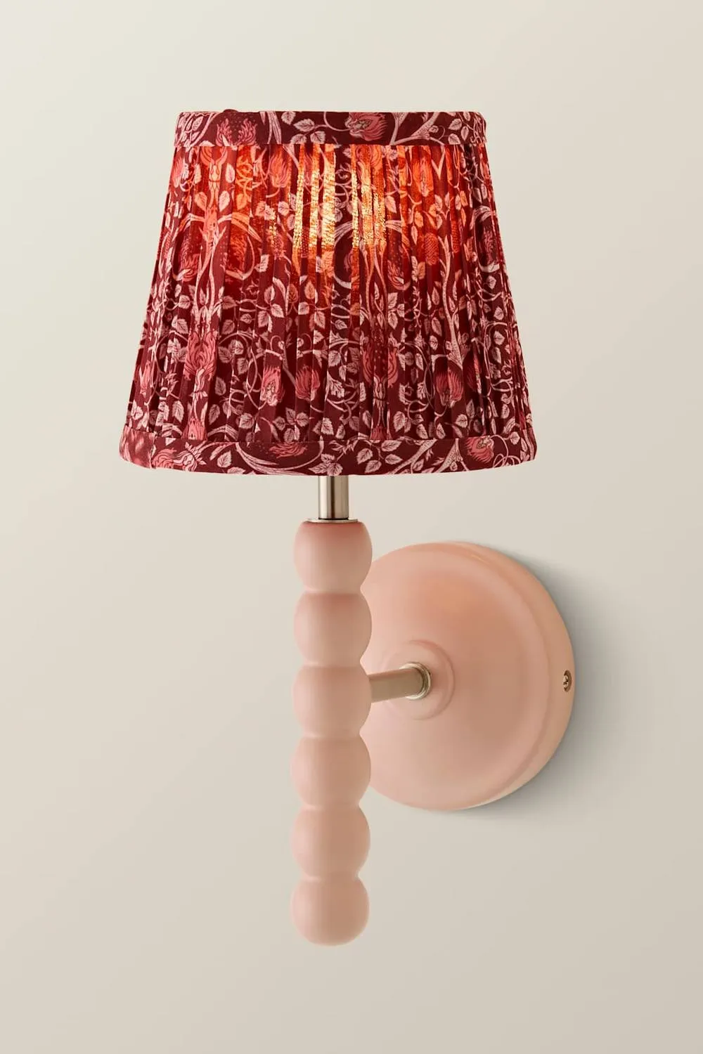 ValueLights Bobbins Pair Burgundy Floral Pleated Shade Wooden Bobble Wall Light in Baby Pink 3