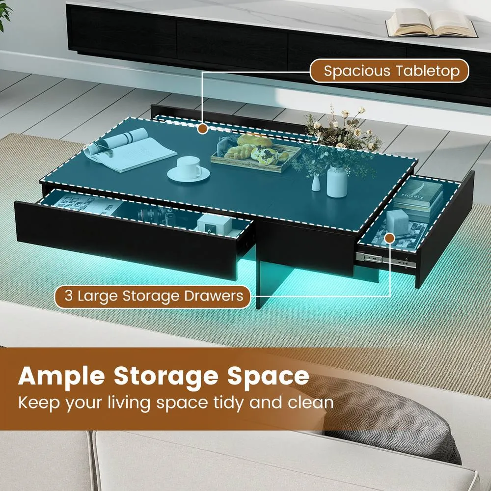 Costway Modern LED Coffee Table High-Gloss Accent Table with 3 Storage Drawers in Black 5
