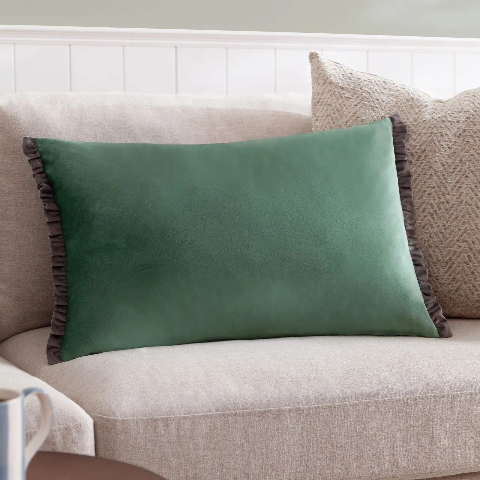 Wylder Tilly Velvet Frill Reversible Cushion in Light Green