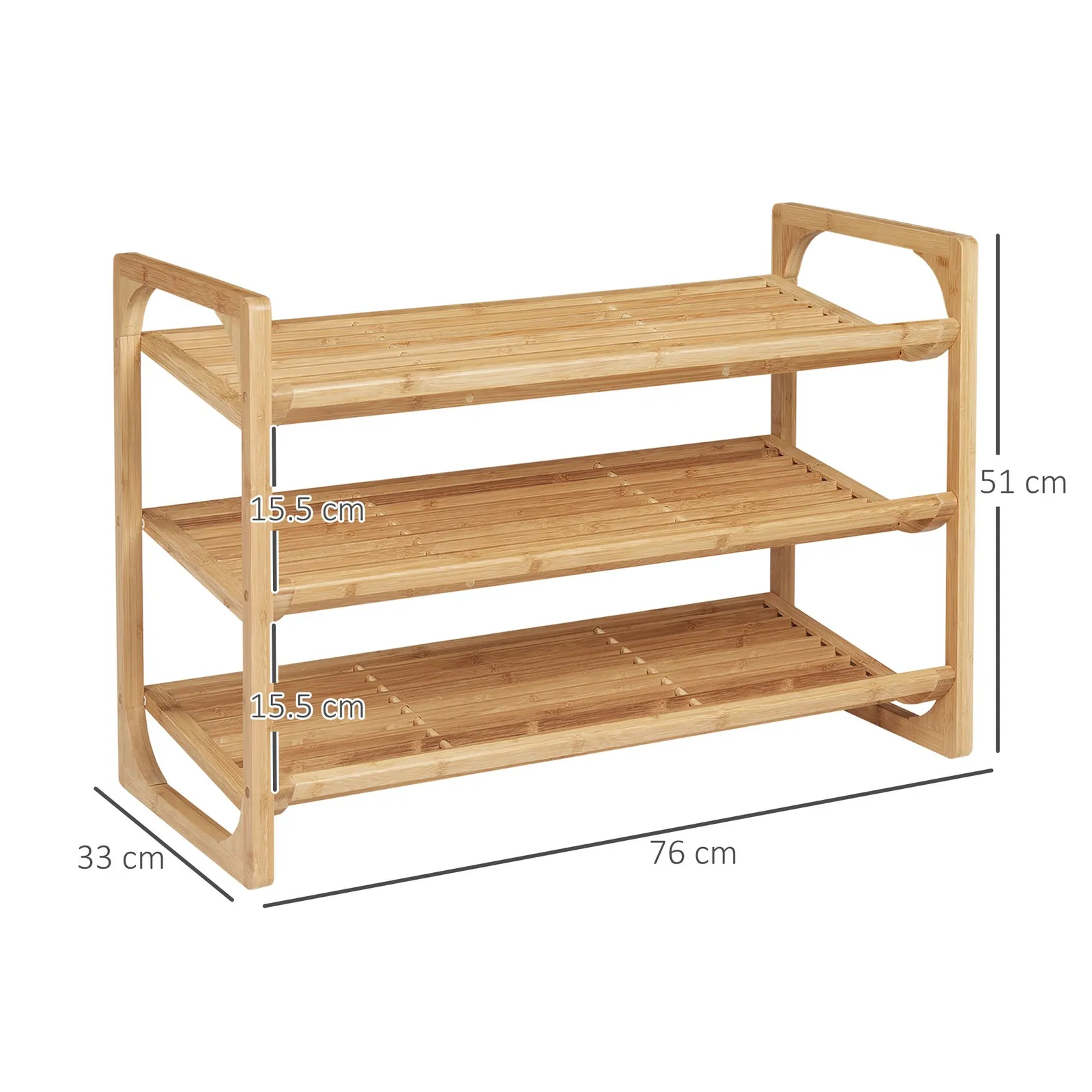 HOMCOM 3-Tier Bamboo Shoe Rack Storage Organiser with Slatted Shelves in Natural 3