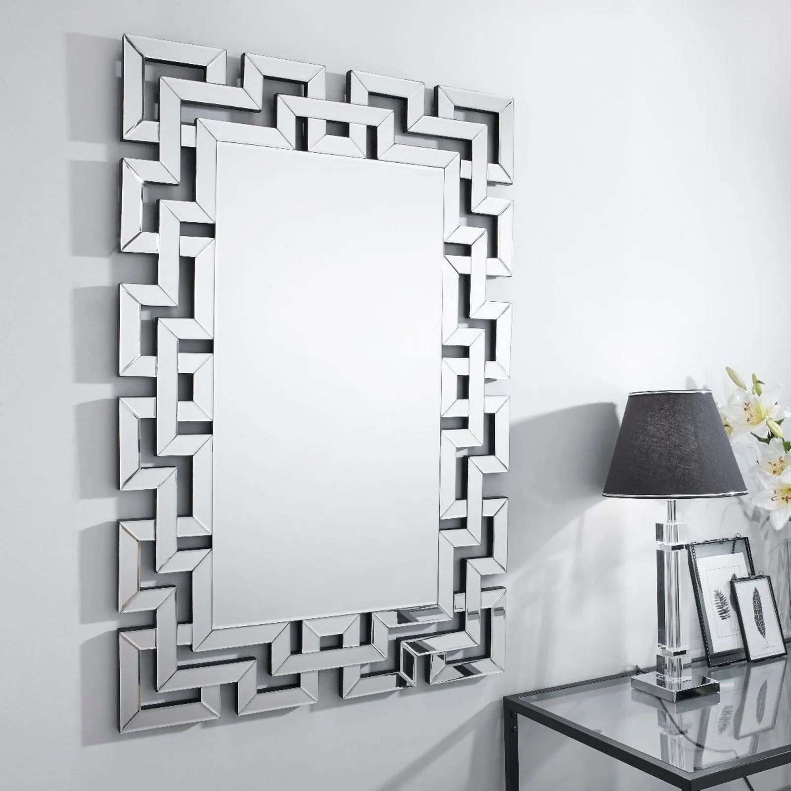 FurnitureboxUK Venetian Large 100cm x 66cm Silver Patterned Mirrored Frame Rectangular Hallway Bedroom Living Room Wall Mirror