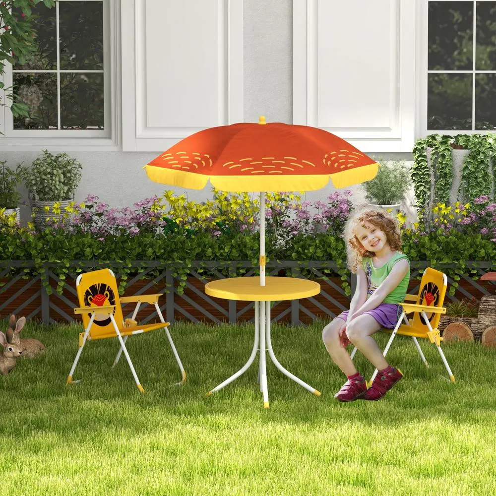 OUTSUNNY Children Table & Chair Set Outdoor Garden Furniture Set w/ Lion Theme - Yellow