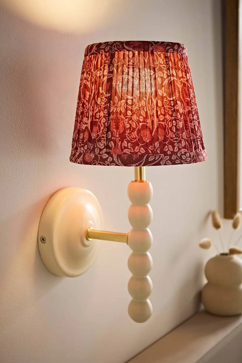 ValueLights Bobbins Pair Burgundy Floral Pleat Shade Wood Bobble Wall Light & Bulb in Cream 3