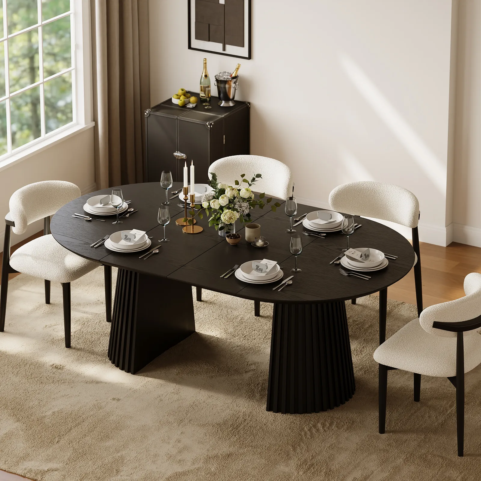 119 - 200 cm Extendable Round-to-Oval Wooden Dining Table with Fluted Base, Seats 4-6