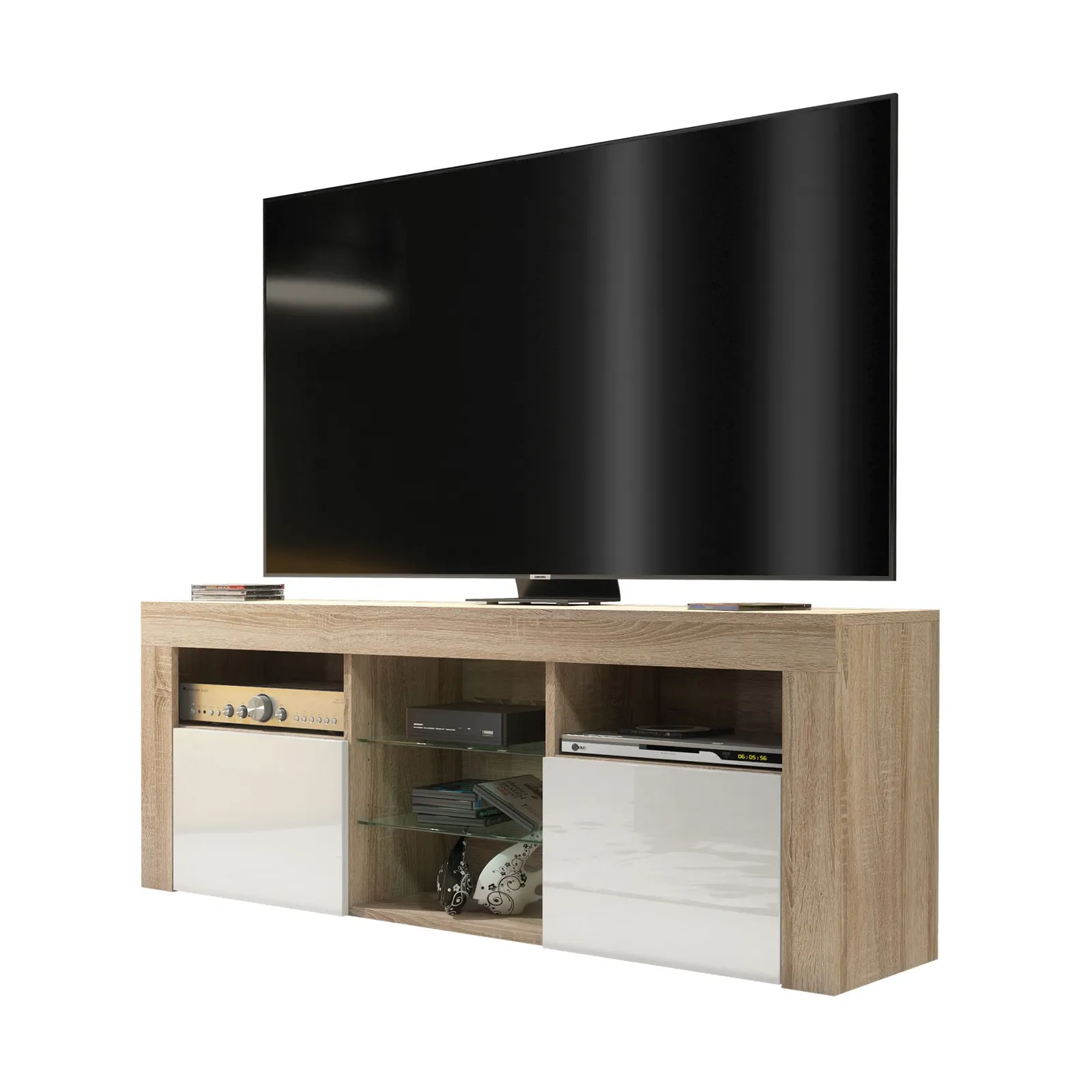 Creative Furniture TV Unit 145cm Modern - Oak with High Gloss White Doors in Light Oak 3