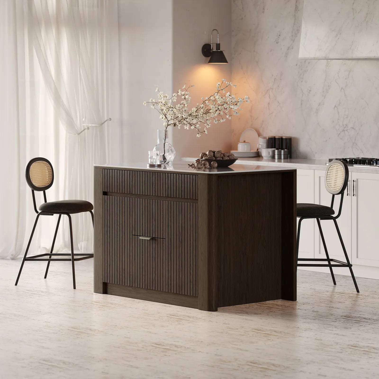 Mid-Century 129 cm Glossy Sintered Stone Top Kitchen Island with Storage, Smoked Brown