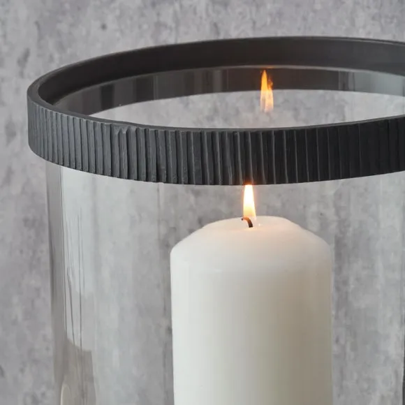 Black Ribbed Metal Glass Cylinder Hurricane Candle Holder 2