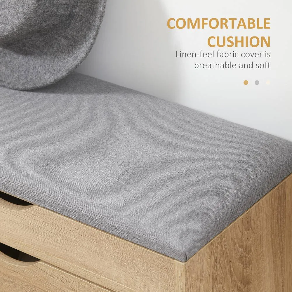 HOMCOM Upholstered Shoe Storage Bench with Flip-up Cabinet, Hidden Space in Natural 5