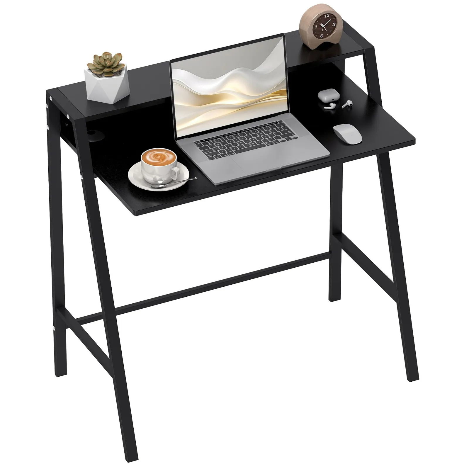 HOMCOM 2-Tier Storage Computer Workstation with Shelf, Metal Frame in Black 2