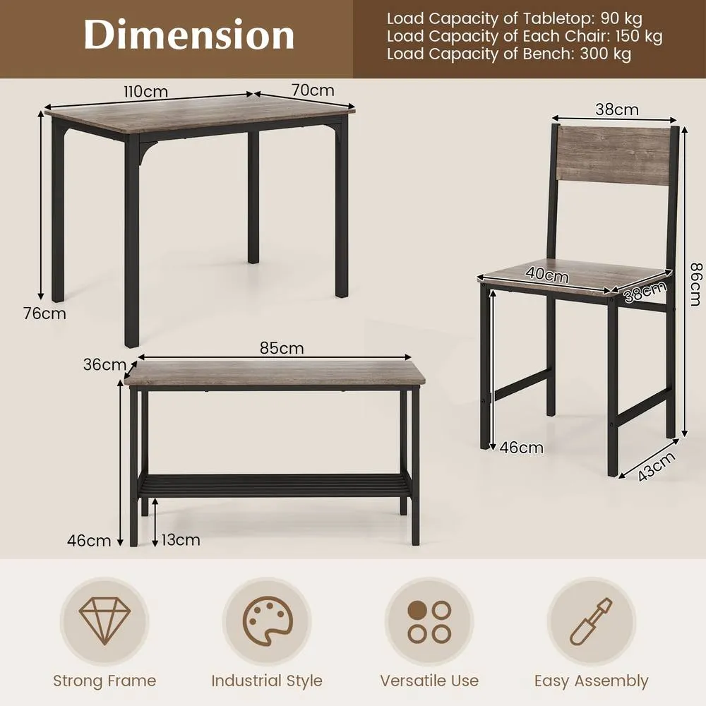 Costway 4-Piece Dining Table Set Kitchen Table with 2 Chairs & a Bench in Grey 4