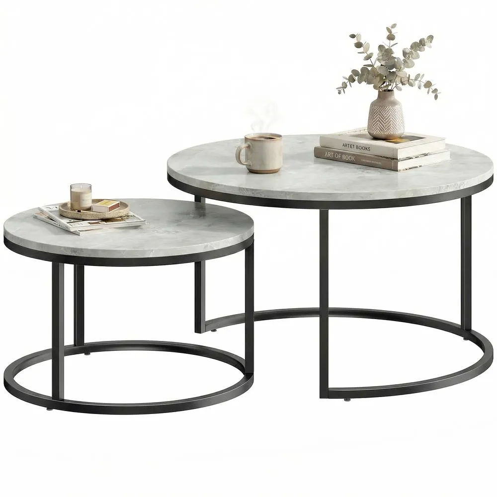 HOMCOM 2 Pcs Stacking Coffee Table Set Steel Frame in Grey 2
