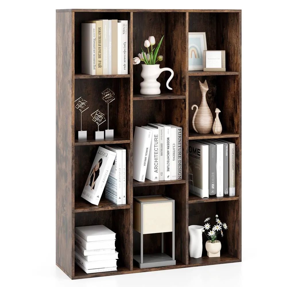 Costway 11 Cubes Bookcase Modern Geometric Bookshelf Book Storage Organizer in Brown