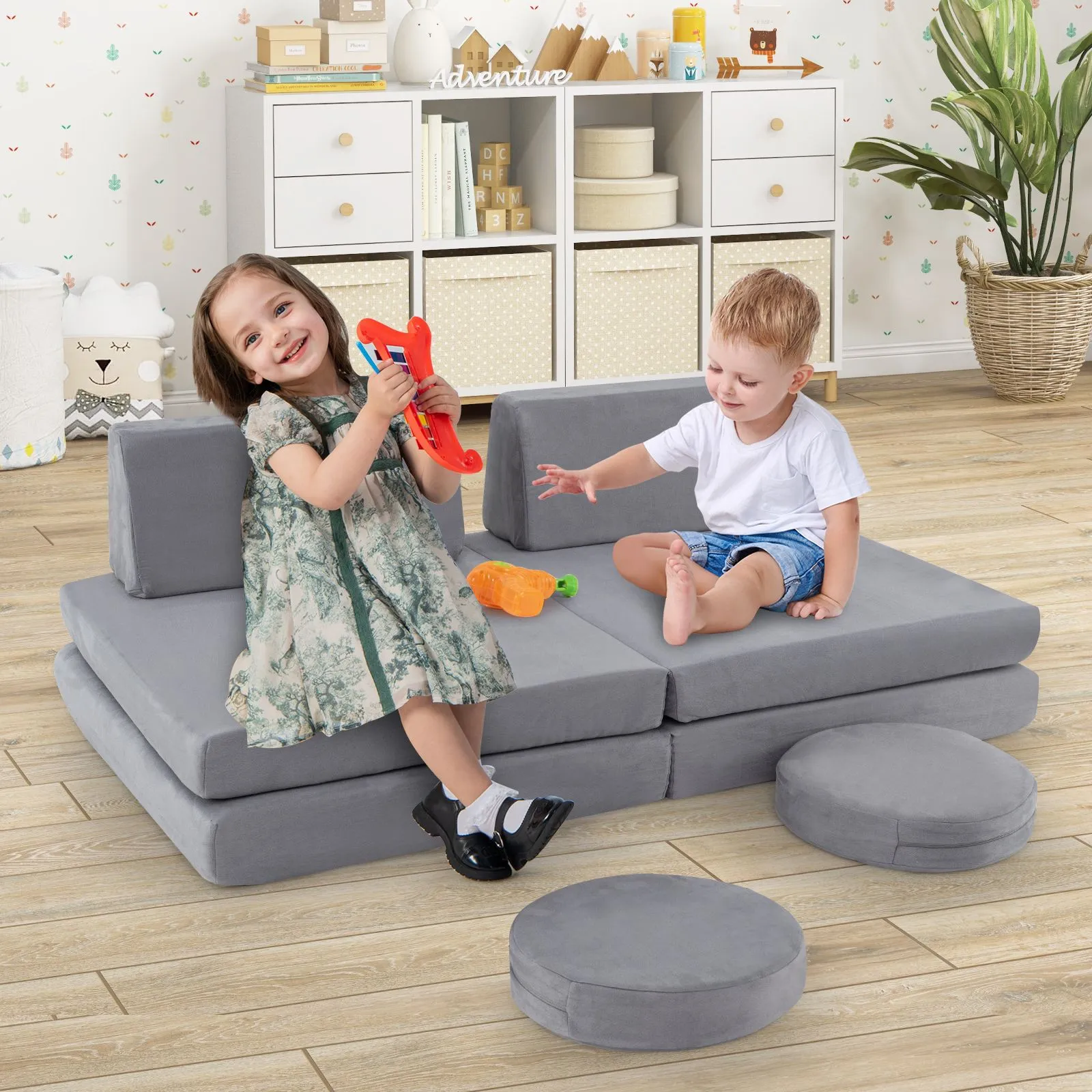 Costway 6 PCS Modular Play Couch Convertible Foam Sofa Set in Grey 2