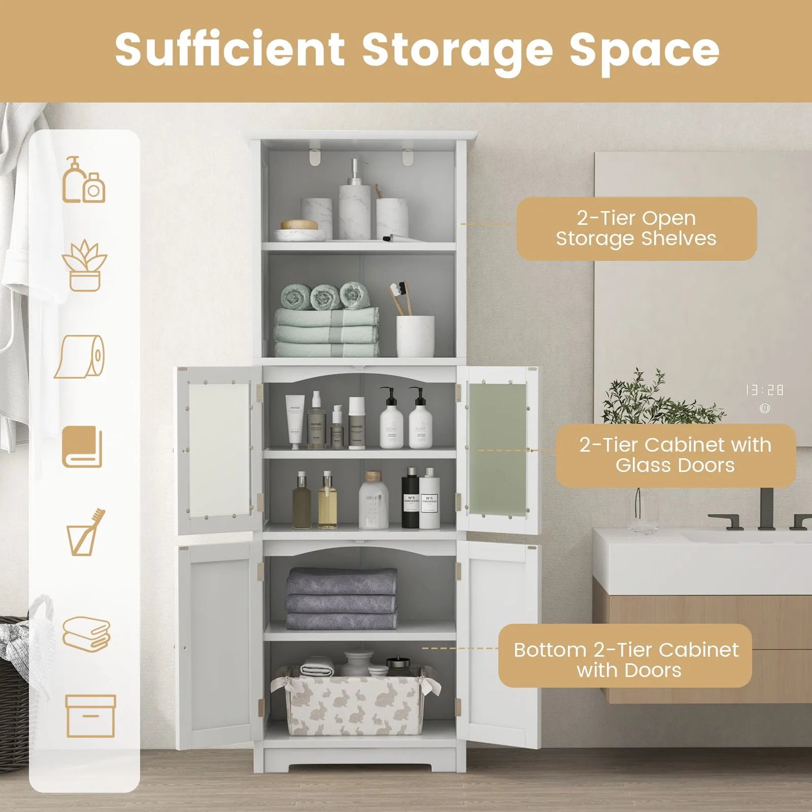 Costway 163cm Tall Bathroom Storage Cabinet Freestanding Kitchen Pantry Cupboard in White 4