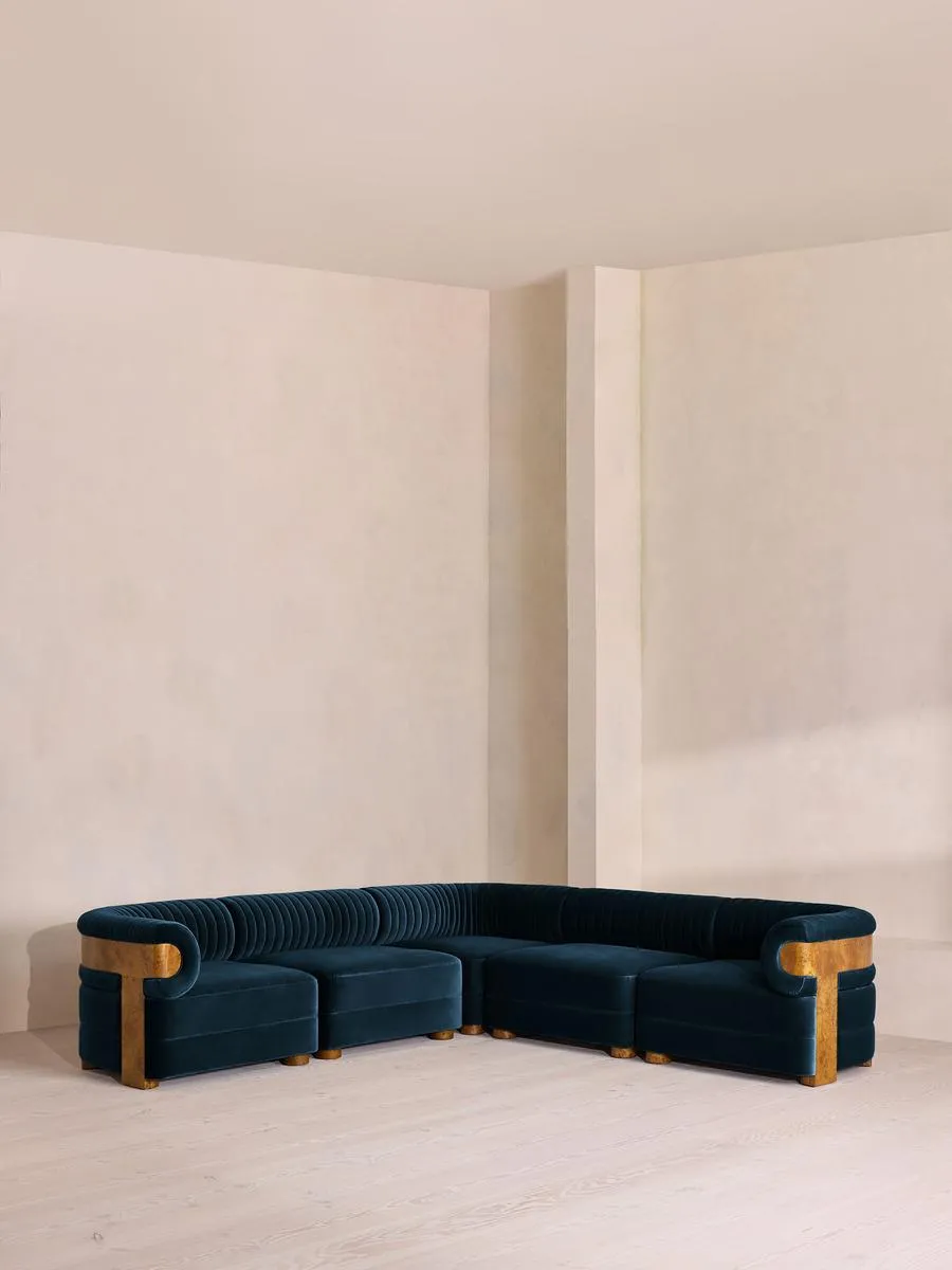 Caleb Modular Corner Sofa, Velvet, Royal Blue, Dark Burl