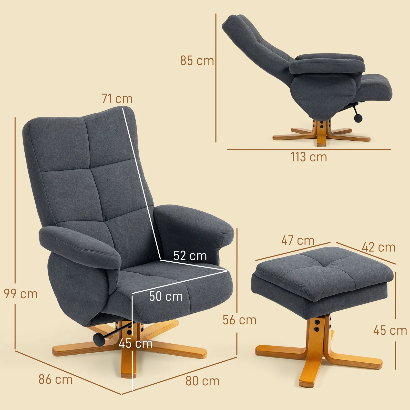 HOMCOM Linen Recliner Chair & Footstool Wooden Base Grey 3