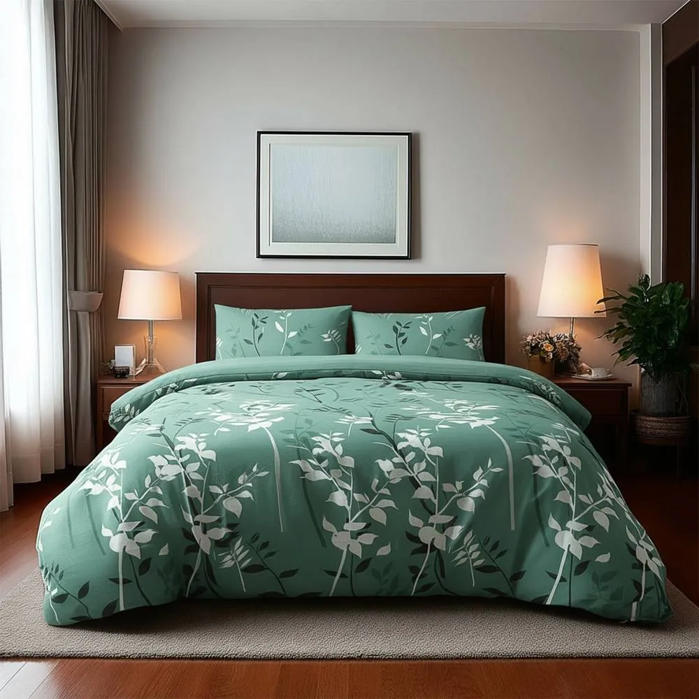 Snug City Duvet Cover & Pillowcase Set Floral Leaf Design Polycotton Bed Linen in Duck Egg Blue