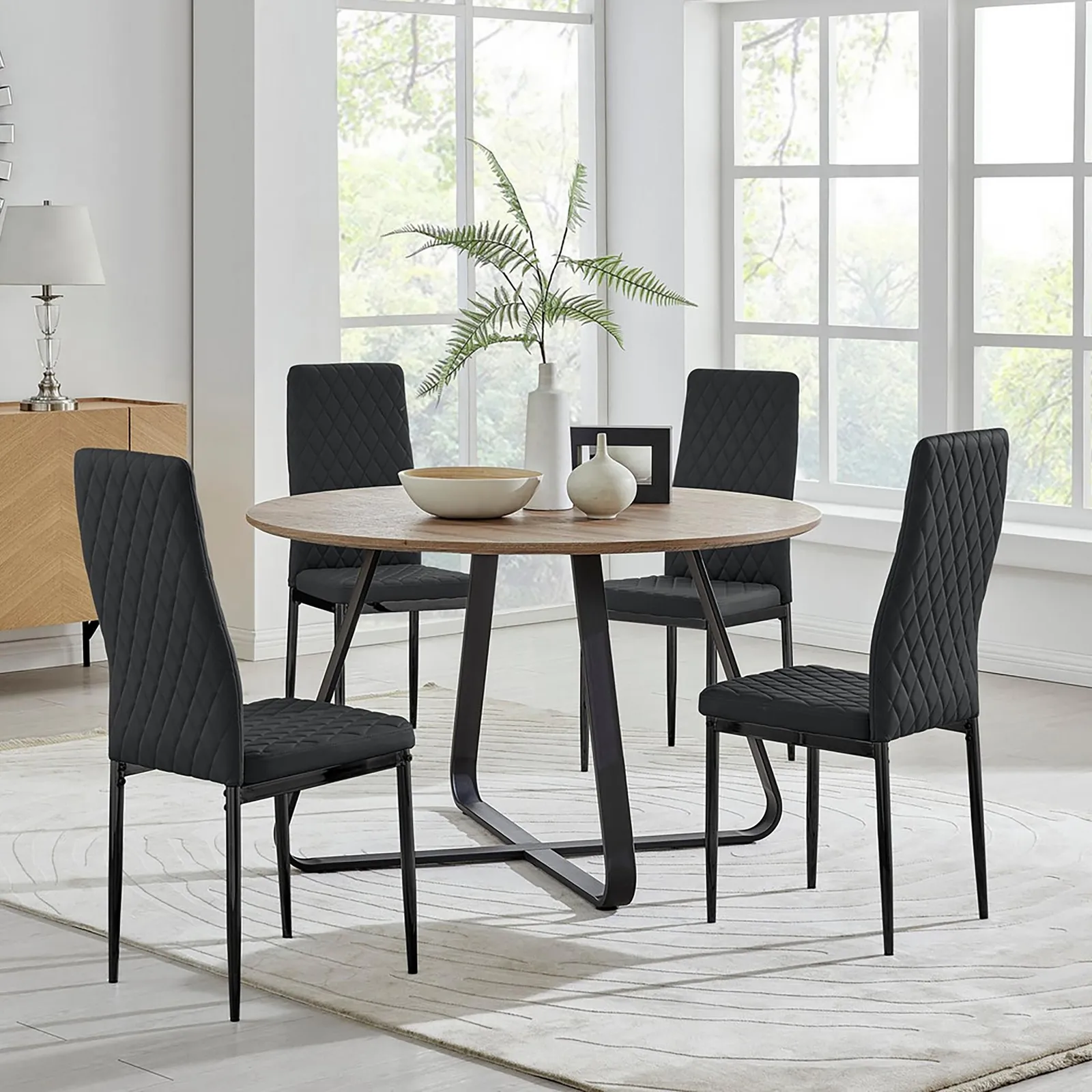 FurnitureboxUK Santorini Brown Round Dining Table & 4 Milan Black Leg Chairs 1