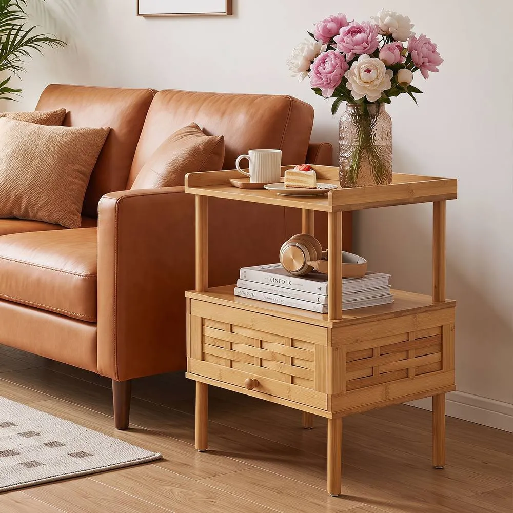 Costway Bamboo Rattan Bedside Table with Flip Up Door & Open Shelf Natural 3