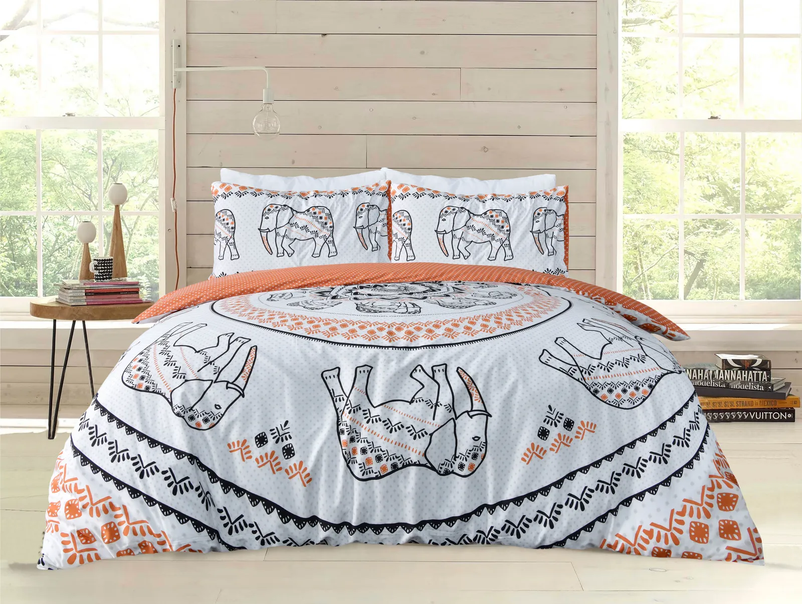Smart Living Printed Reversible Polycotton Tribal Elephant Duvet Cover With Pillowcases in Burnt Orange