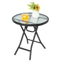 Costway Patio Folding Glass Side Table 46 cm Portable Round Bistro Coffee Table in Black